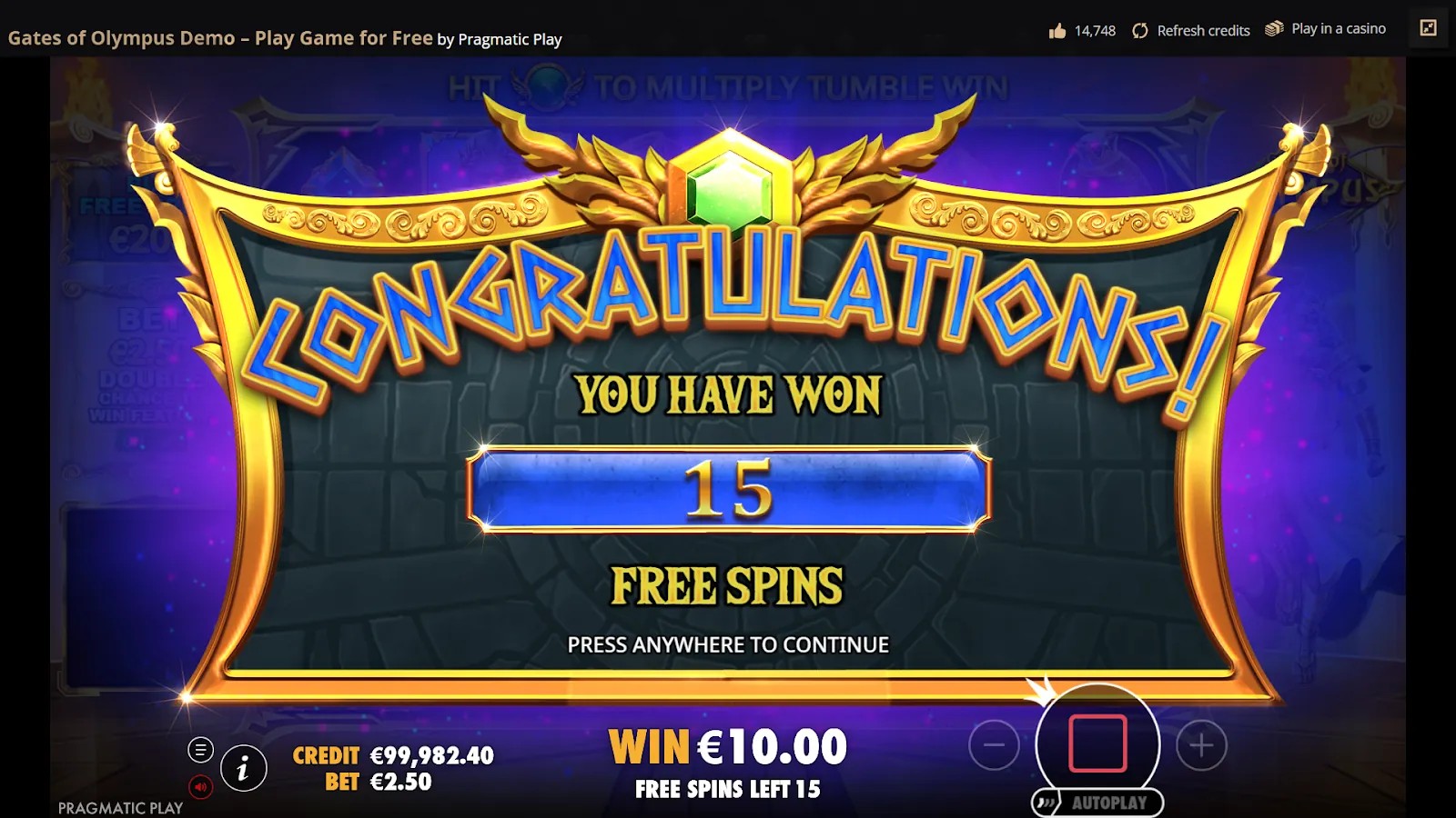 Activatie van 15 gratis spins in de Olympus-bonusronde